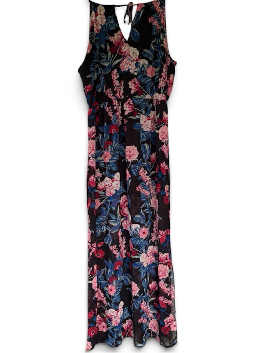 Dark Botanical Floral Sleeveless Maxi Dress in Black Blue and Pink Large